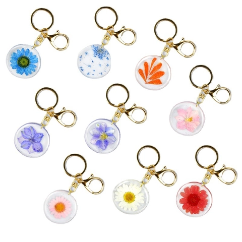Resin Keychain Real Dried Flower Pendant Gold Alloy Lobster Clasp Round Transparent Floral Key Ring For Bag Charm