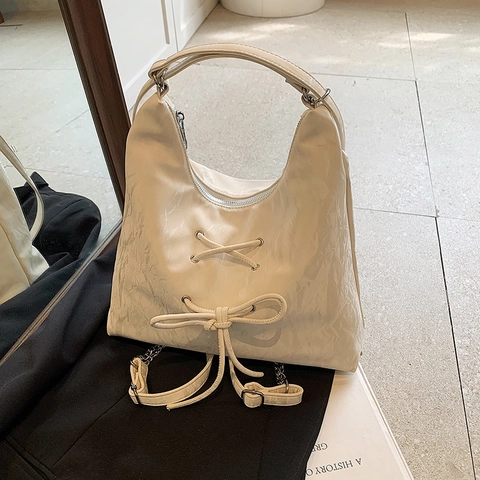 Borsa A Spalla Da Donna Pelle PU Consistenza Pieghettata Fiocco Coulisse Catena Argento Grande Capacità Moda Casual Tote Hobo