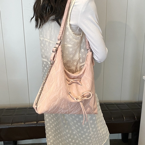 Borsa A Spalla Da Donna Pelle PU Consistenza Pieghettata Fiocco Coulisse Catena Argento Grande Capacità Moda Casual Tote Hobo