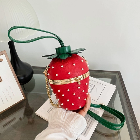 Strawberry Shaped Crossbody Bag PU Leather Faux Artificial Pearl Rivet Decor Top Handle Metal Frame Chain Shoulder Purse For Women