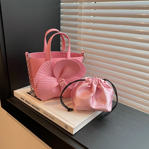 Elegante Dreidimensionale Blumen Handtasche Damen PU Leder Metallic Floral Eimer Tasche Metallkette Modische Abendtasche