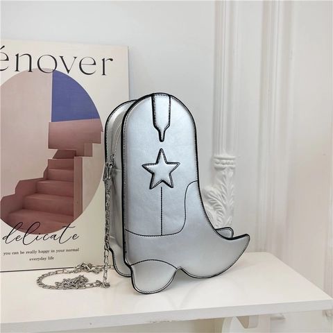 Unique Cowboy Boot Shaped Shoulder Bag PU Leather Star Stitching Metallic Chain Strap Crossbody Handbag For Women Niche