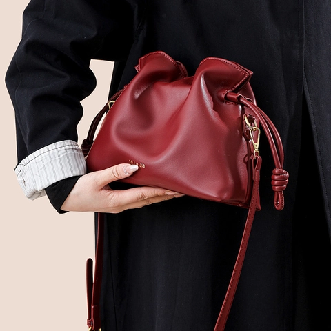 Sac Seau Plissé En Similicuir PU Cordon De Serrage Nuage Sac Bandoulière Style Chic Simple Pour Femmes