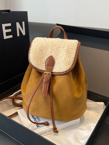 Zaino Retrò Donna Pelle Scamosciata Lana D'Agnello Colore Contrasto Piccolo Coulisse Patta Moda Autunno Inverno