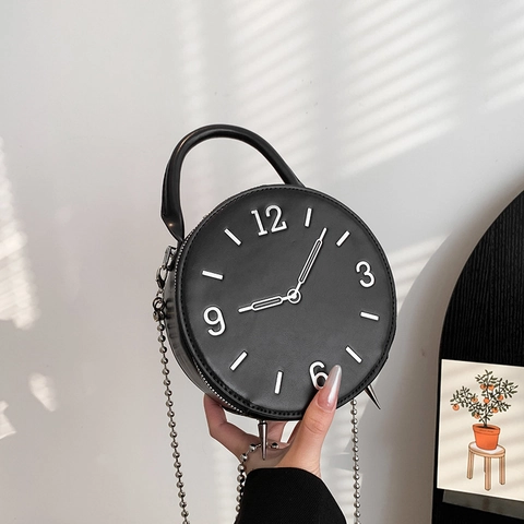 Neuheit Uhr Design Runde PU Leder Handtasche Für Frauen Wecker Form Kette Umhängetasche Schick Mode