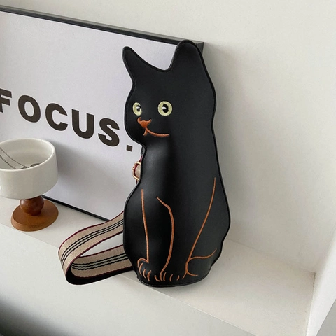 Borsa A Tracolla A Forma Di Gatto Nero Cartone Animato Pelle PU Ricamata Borsa A Spalla Animale Carino Con Tracolla A Righe