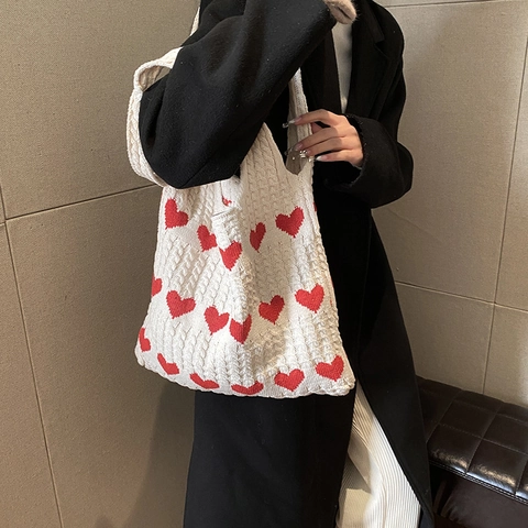 Borsa Tote In Maglia Da Donna Grande Capacità Trama A Trecce Motivo A Cuore Borsa A Spalla Casual