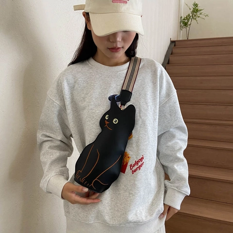 Borsa A Tracolla A Forma Di Gatto Nero Cartone Animato Pelle PU Ricamata Borsa A Spalla Animale Carino Con Tracolla A Righe
