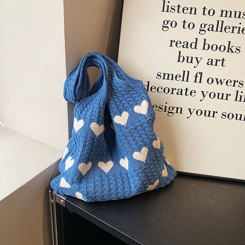 Borsa Tote In Maglia Da Donna Grande Capacità Trama A Trecce Motivo A Cuore Borsa A Spalla Casual