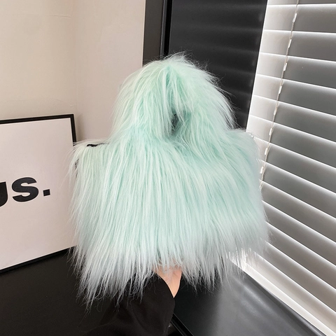 Faux Fur Handbag Plush Tote Bag Solid Color Soft Shaggy Winter Fashion Portable Square Purse For Women Urban Minimalist