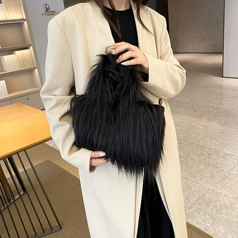 Faux Fur Handbag Plush Tote Bag Solid Color Soft Shaggy Winter Fashion Portable Square Purse For Women Urban Minimalist