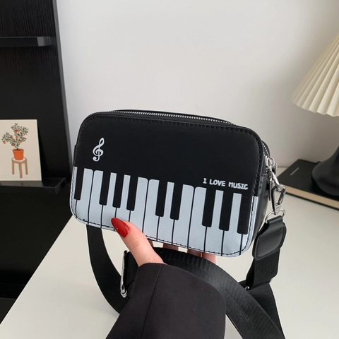 Chic Piano Keyboard Pattern PU Leather Crossbody Bag Music Note Contrast Color Fashion Shoulder Bag For Women