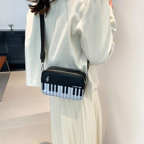 Chic Piano Keyboard Pattern PU Leather Crossbody Bag Music Note Contrast Color Fashion Shoulder Bag For Women