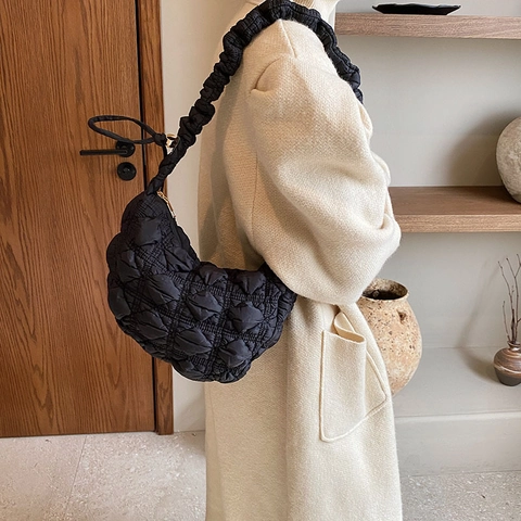 Borsa A Spalla Trapuntata Per Donna Grande Capacità Tessuto Oxford Texture Bolla Tracolla Pieghettata Mezzaluna Nuvola Hobo Mano