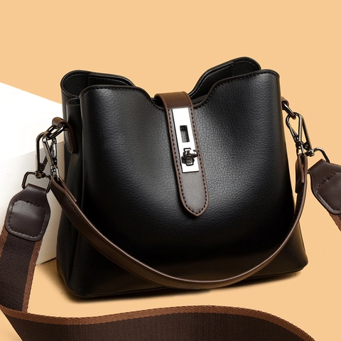 Borsa A Secchiello Da Donna In Morbida Pelle PU Grande Capacità Motivo Litchi Borsa A Spalla Tracolla Con Tracolla Larga Chiusura In Metallo Argentato