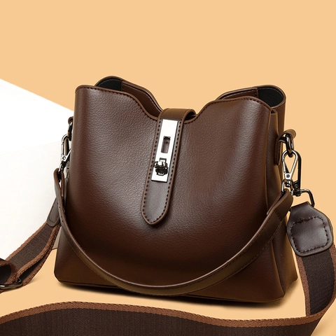 Borsa A Secchiello Da Donna In Morbida Pelle PU Grande Capacità Motivo Litchi Borsa A Spalla Tracolla Con Tracolla Larga Chiusura In Metallo Argentato