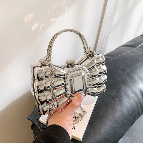 Metallic Bow Shaped Evening Clutch Bag With Rhinestone Handle And Chain Strap Elegant Party Wedding Handbag