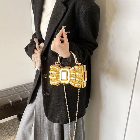 Metallic Bow Shaped Evening Clutch Bag With Rhinestone Handle And Chain Strap Elegant Party Wedding Handbag