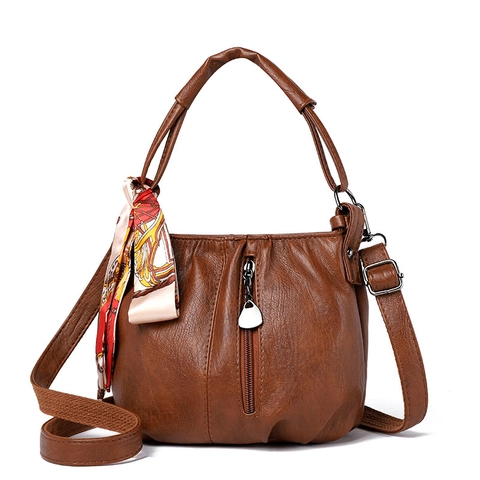 Dames Emmer Tas Van Zacht PU Leer Geplooid Ontwerp Retro Schoudertas Crossbodytas En Decoratieve Satijnn Sjaal