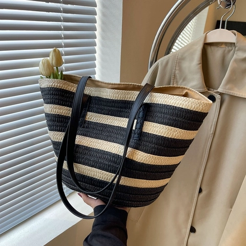 Bolso Tote De Paja Tejida Mujeres Playa Bolso De Hombro Rayas Bloque De Color Asa De Cuero Sintético Casual Vacaciones