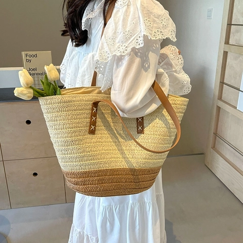 Bolso Tote De Paja Tejida Mujeres Playa Bolso De Hombro Rayas Bloque De Color Asa De Cuero Sintético Casual Vacaciones