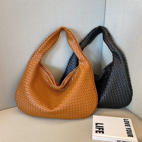 Sac Hobo Tissé Grande Capacité Cuir PU Épaule Tressée Sous Les Aisselles Fourre-Tout Versatile Chic Femmes