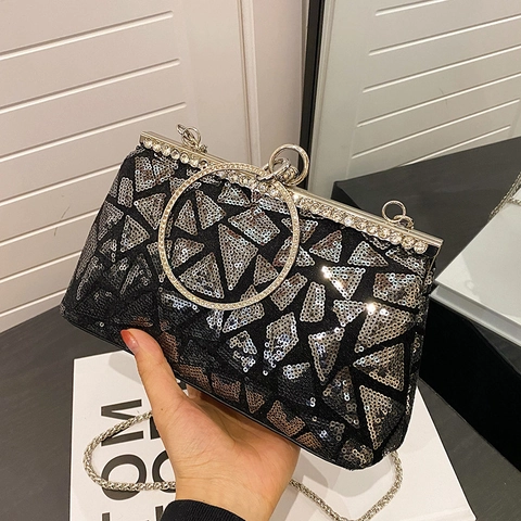 Pochette Da Sera Borsa A Spalla Paillettes Motivo Geometrico Manico Ad Anello Strass Catena Rimovibile Borsa Party Donne