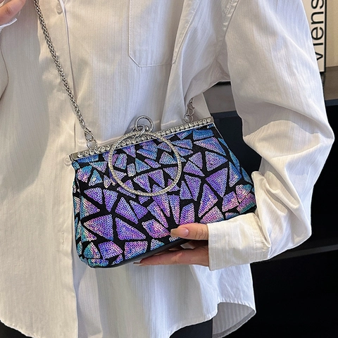 Pochette Da Sera Borsa A Spalla Paillettes Motivo Geometrico Manico Ad Anello Strass Catena Rimovibile Borsa Party Donne