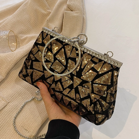 Women Vintage Sequin Geometric Evening Clutch Bag Rhinestone Round Handle Metal Chain Shoulder Bag Party Wedding Handbag