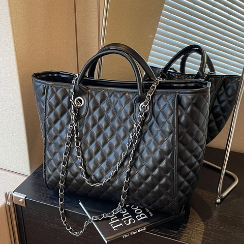 Damen Gesteppte Tote Bag Große Kapazität PU Leder Rautenmuster Kette Riemen Elegante Pendler Schultertasche