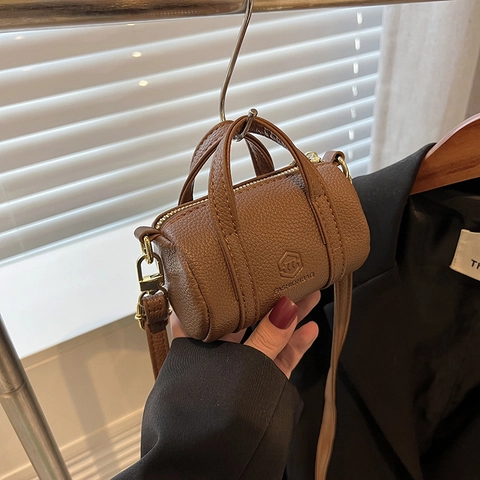 Mini Barrel Crossbody Bag PU Leather Litchi Texture Chic Top Handle Shoulder Purse Trendy Minimalist Small Boston Handbag For Women