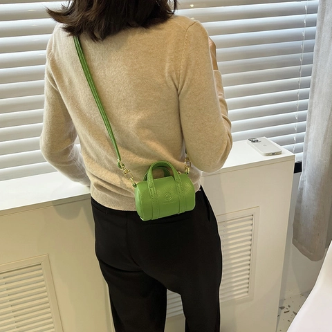 Mini Barrel Crossbody Bag PU Leather Litchi Texture Chic Top Handle Shoulder Purse Trendy Minimalist Small Boston Handbag For Women