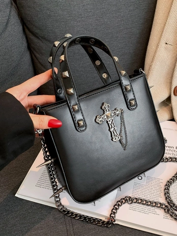 Borsa A Mano Punk Gotica Donna Pelle PU Borchie In Metallo Rivetti Ciondolo Teschio Croce Catena Rimovibile Borsa Quadrata