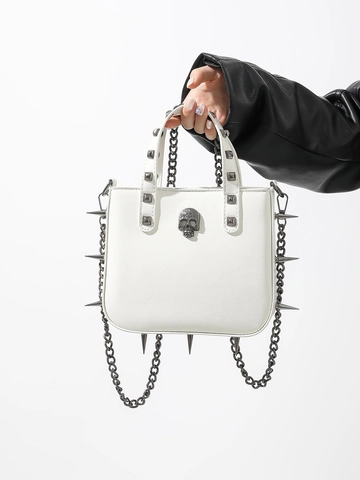 Borsa A Mano Punk Gotica Donna Pelle PU Borchie In Metallo Rivetti Ciondolo Teschio Croce Catena Rimovibile Borsa Quadrata