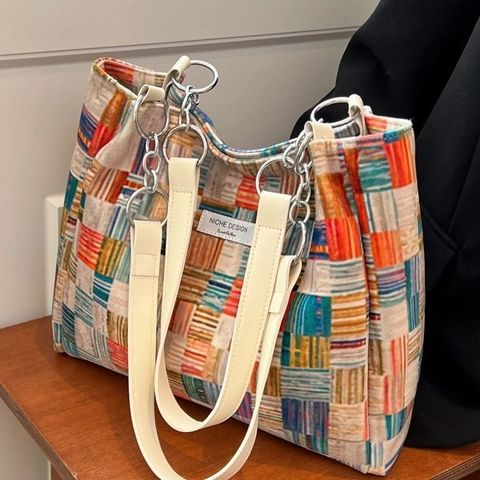 Borsa Tote A Quadri Colorati Da Donna Grande Capacità Borsa A Spalla In Tela Intrecciata Con Catena In Metallo