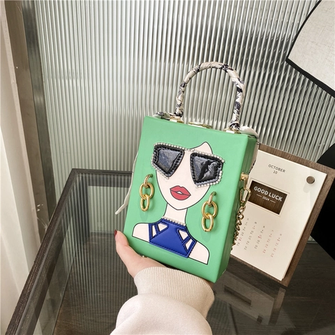 Mode Damen Schultertasche PU Leder Cartoon Porträt Druck Satinnschal Griff Goldene Kette Tasche Quadratische Box Abendtasche
