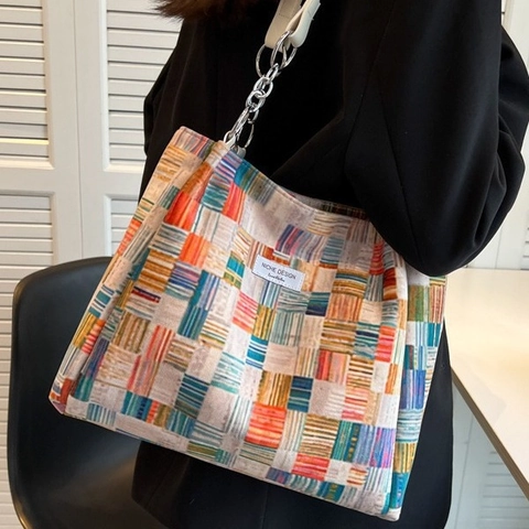 Borsa Tote A Quadri Colorati Da Donna Grande Capacità Borsa A Spalla In Tela Intrecciata Con Catena In Metallo