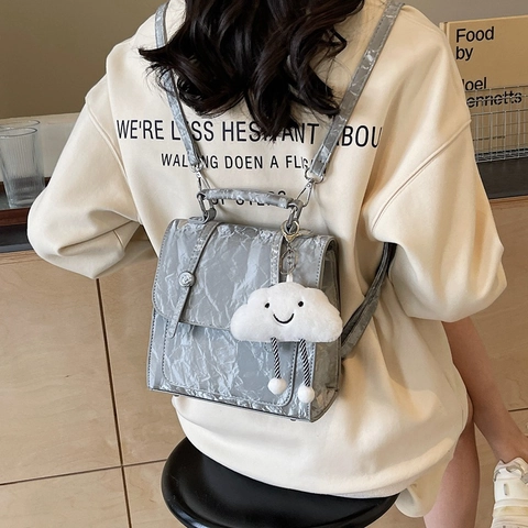 Zaino Mini Da Donna Stile Francese Texture Increspata Borsa A Mano In Pelle PU Con Ciondolo A Nuvola Carino