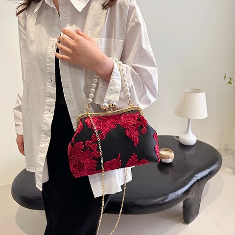 Retro Abendtasche Mit Blumenstickerei Künstliche Perlengriff Und Metallkette Elegante Muschel Handtasche Für Hochzeiten