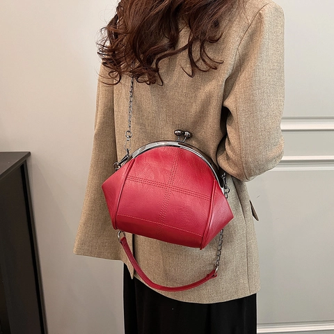 Sac À Bandoulière Vintage Fermoir Kiss Lock Cuir PU Texture Litchi Forme Coquille Avec Chaîne En Métal Pour Femme
