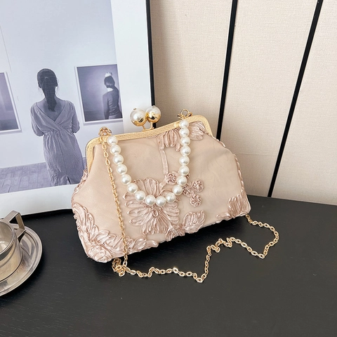 Vintage Blumenstickerei Abendtasche Damen Perlengriff Clutch Bag PU Polyester Kussverschluss Schultertasche Hochzeit Party Handtasche
