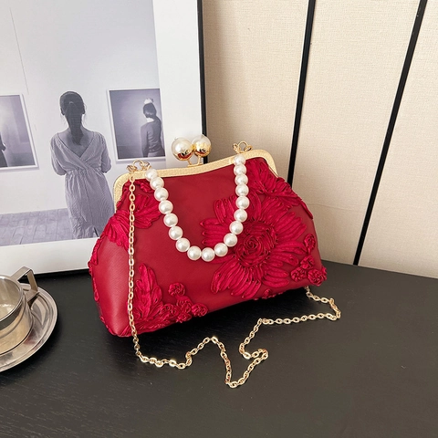 Vintage Blumenstickerei Abendtasche Damen Perlengriff Clutch Bag PU Polyester Kussverschluss Schultertasche Hochzeit Party Handtasche