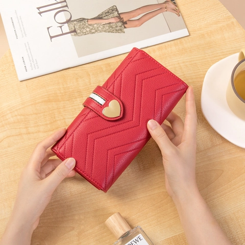 Portafoglio Lungo Donna Pelle PU Trapuntato a V Fibbia a Cuore Nastro a Righe Grande Capacità Tasca Telefono Elegante