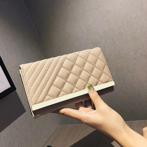 Mode Damen Lange Geldbörse Gesteppte Raute Muster PU Leder Clutch Mit Metallbesatz Einfaches Elegantes Drei Falten Design