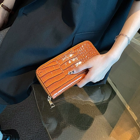 Lange Damen-Geldbörse Mit Reißverschluss Und Krokodilprägung PU-Leder Große Kapazität Clutch-Tasche Retro-Stil