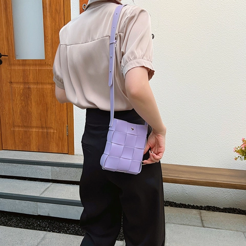 Woven Mini Crossbody Bag PU Leather Square Shoulder Phone Purse Fashion Streetwear Casual Women Handbag