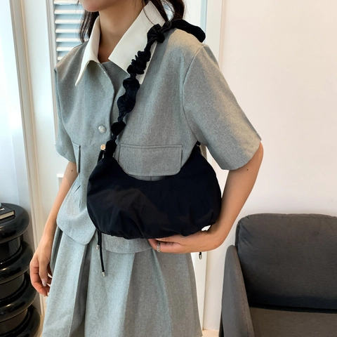 Borsa Hobo In Nylon Pieghettata Da Donna Borsa A Spalla Minimalista Ruched Mezzaluna Vintage Casual