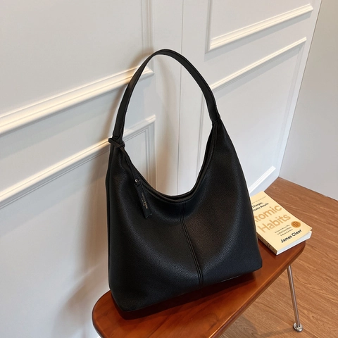 Large Capacity Hobo Tote Bag Lychee Grain PU Leather Women Simple Chic Commuter Shoulder Handbag Streetwear Solid Color