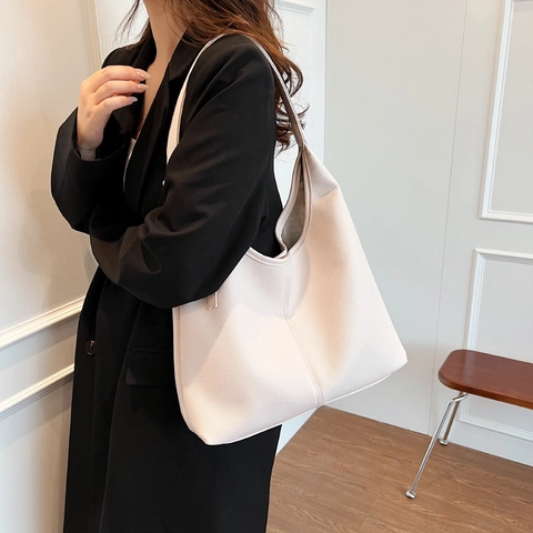 Large Capacity Hobo Tote Bag Lychee Grain PU Leather Women Simple Chic Commuter Shoulder Handbag Streetwear Solid Color