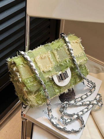 Women Crossbody Bag Tweed Checkered Fringed Small Square Shoulder Bag With Chain Strap Twist Lock Casual Elegant